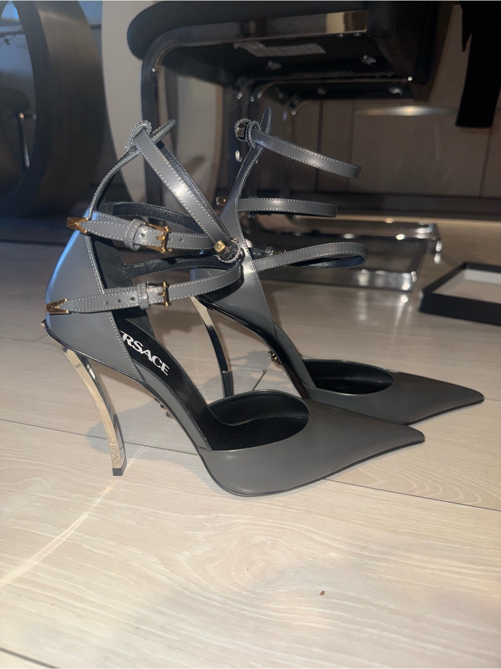 Versace Gray Strappy Pointed Stiletto Heels with Gold Accents. - Picture 1 of 6